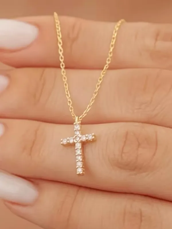 Gold plated stainless steel Cross Pendant Necklace cz preppy Christian gift - Image 2