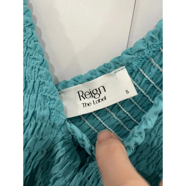 Reign The Label Teal Smocked V-Neck‎ Balloon Sleeve Crop Top Small Blue Boho - Image 2