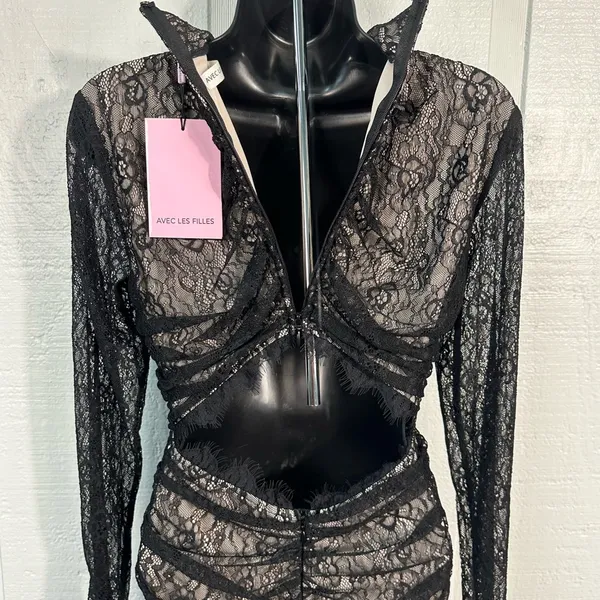 Avec Les Filles RUCHED LACE CUTOUT BACK MINIDRESS IN BLACK Size Small NWT - Image 6