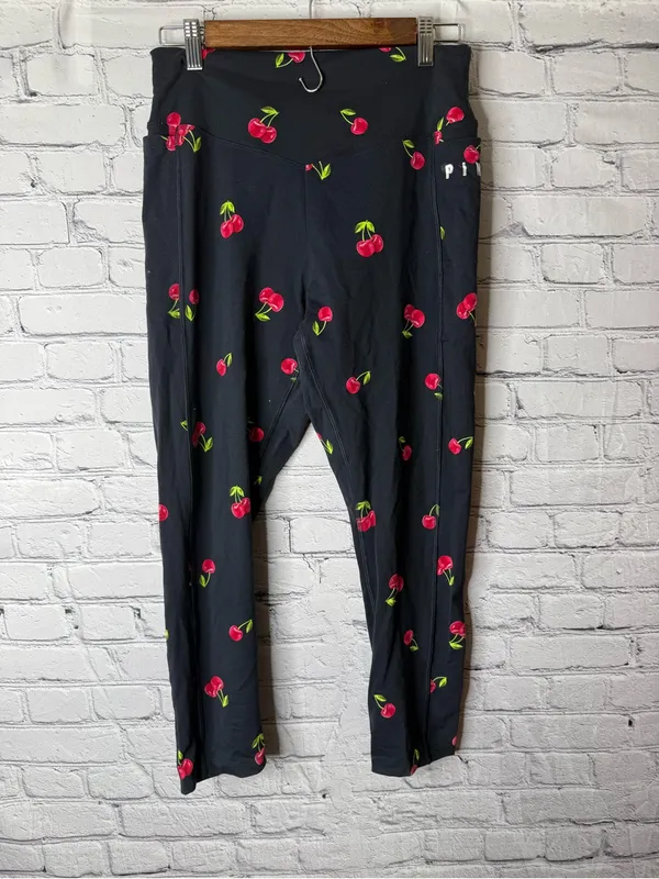 Women’s VS Pink Black Leggings with Red Cherry Print size large - Image 8