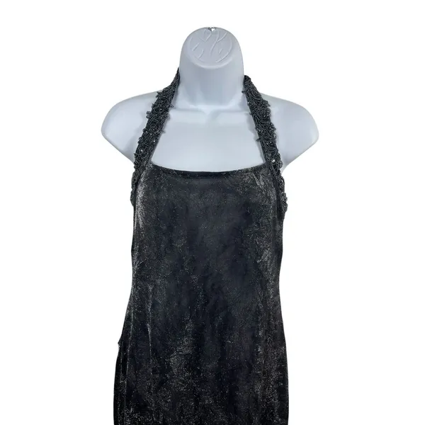 VTG 90s Niki Livas Black Silver Shimmer Halter Beaded Formal Evening Dress 6 Y2K - Image 2