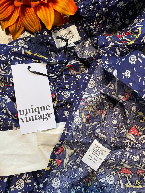 Unique Vintage NWT Retro Navy Mushroom and Rooster Dress LARGE - Image 9