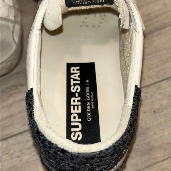 Golden Goose White Sneakers with Gold Star and Black Glitter Heel Tab Size 39 - Image 10