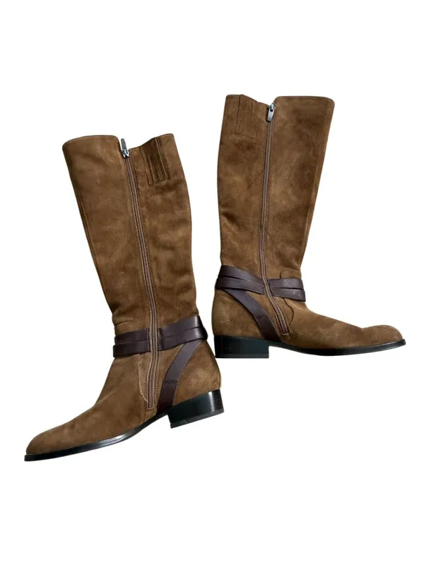 VIA SPIGA Brown Suede Leather Buckle Zip Boots Size 5.5 - Image 4
