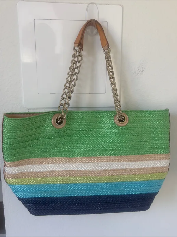 Kate Spade Chelsea Market Mini Coal Straw and Leather Chain Handle Tote Bag - Image 2