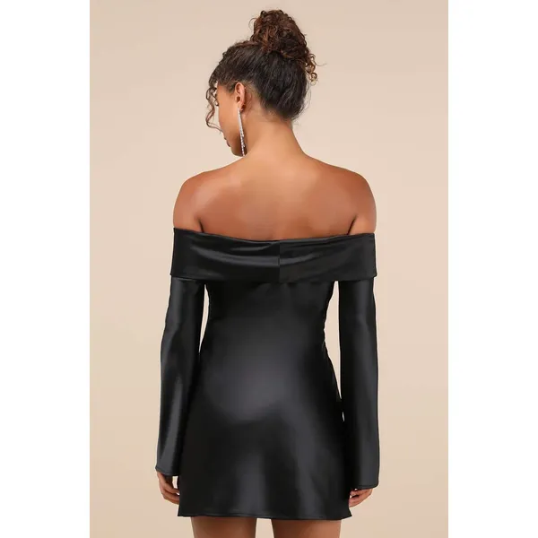 NWT Lulus Luxurious Vision Black Satin Off-the-Shoulder Mini Dress Party Size XL - Image 3