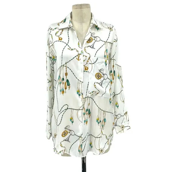 Zara Button Down Nautical Chain Printed Long Sleeve‎ Blouse White Size Small - Image 3
