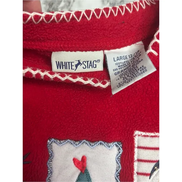 Vintage 90s Red Holiday Patch Fleece Sweater kids large women’s small festive - Image 6