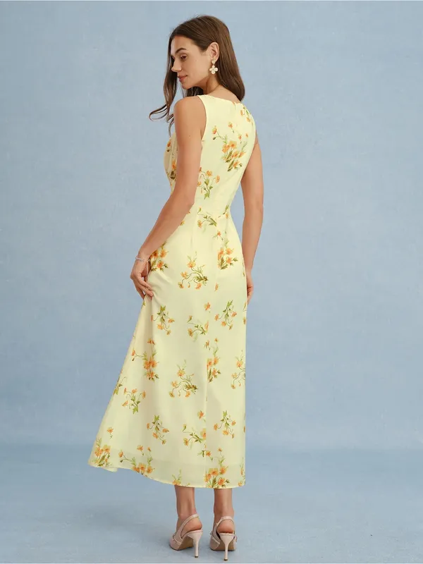 Rihoas Yellow V Neck Floral Chiffon Maxi Dress - Image 4