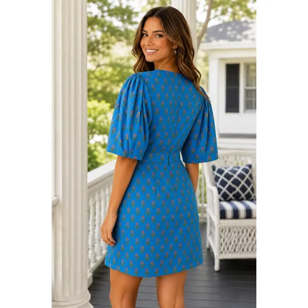 AUREUM Ruched Sash Blue Floral Mini Dress Puff Sleeves Ruching Ruffle Small - Image 7