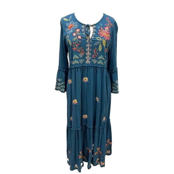 Johnny Was Bluebelle Embroidered Teal Maxi Dress S Bell Sleeve Peasant Tiered - Image 2
