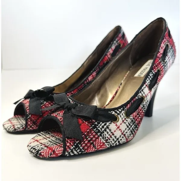 Steve Madden NINNA Plaid Peep Toe Heels Size 9 M Red Tweed Bow‎ Twee Y2K Pin-Up - Image 2
