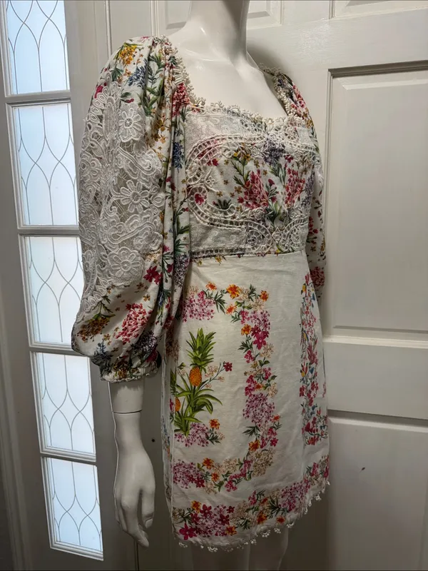 Farm Rio Delicate Forest Scarves Bonded Lace Linen-Blend Mini Dress Size Small - Image 9