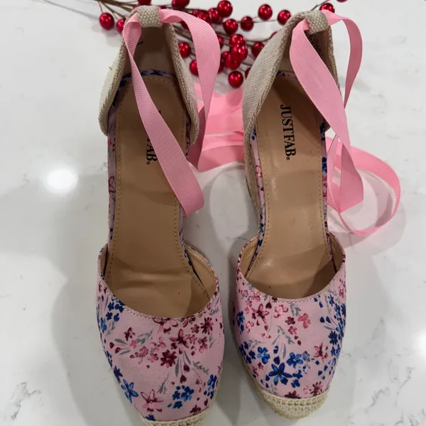 JustFab Pink Floral Wedge Espadrilles - Image 10