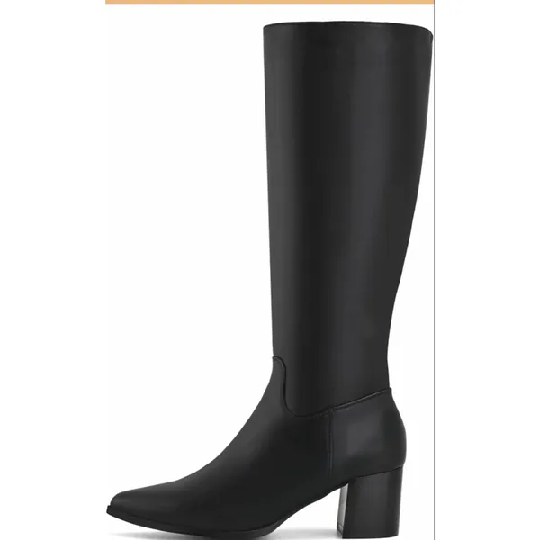 NEW Vegan Leather pointed Toe Mid Chunky heel zipper Knee High Boots 8 - Image 4