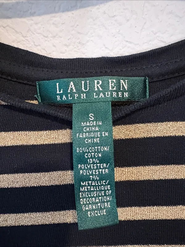 Lauren Ralph Lauren Black & Metallic gold Striped long sleeve Top small - Image 2
