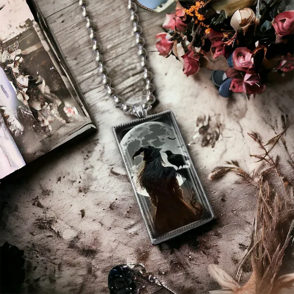 1pc Witch & Crow Pattern Rectangular Pendant Necklace Exquisite Silver Plated‎ - Image 2