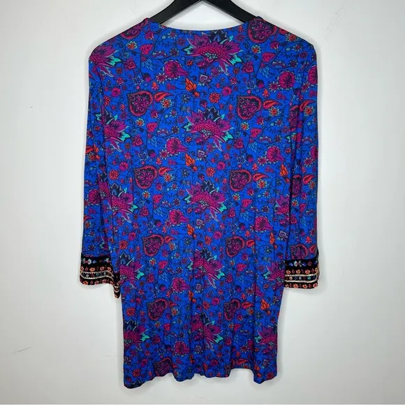 Soft Surroundings Blue Tamuri Embroidered Beaded Boho Tunic Top‎ Size M - Image 4