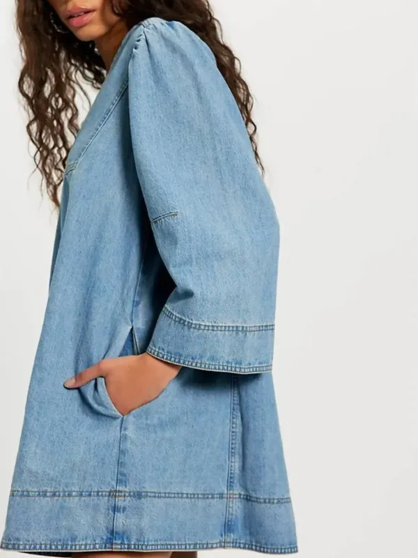FREE PEOPLE NWT Goldie Balloon Sleeve Denim Mini Dress / Celestial Blue XS - Image 6