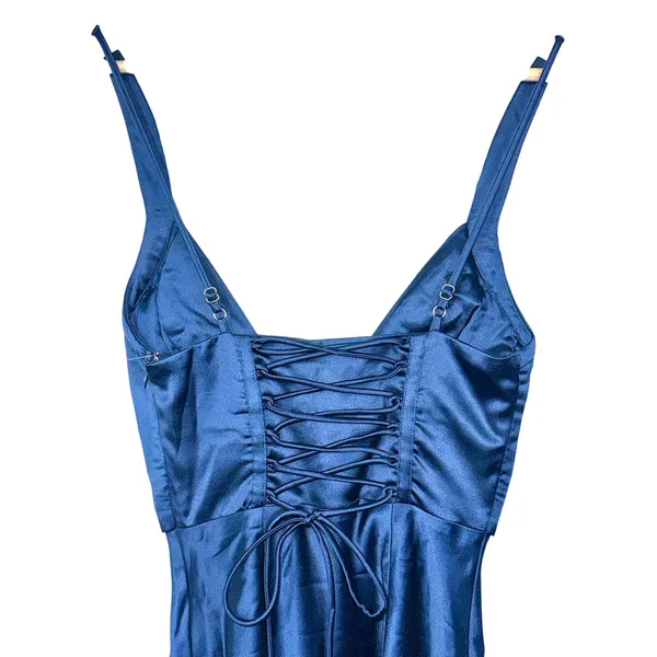NWT Babyboo Shae Navy Blue Satin Corset Lace Up Back Maxi Dress Womens Size XS - Image 11
