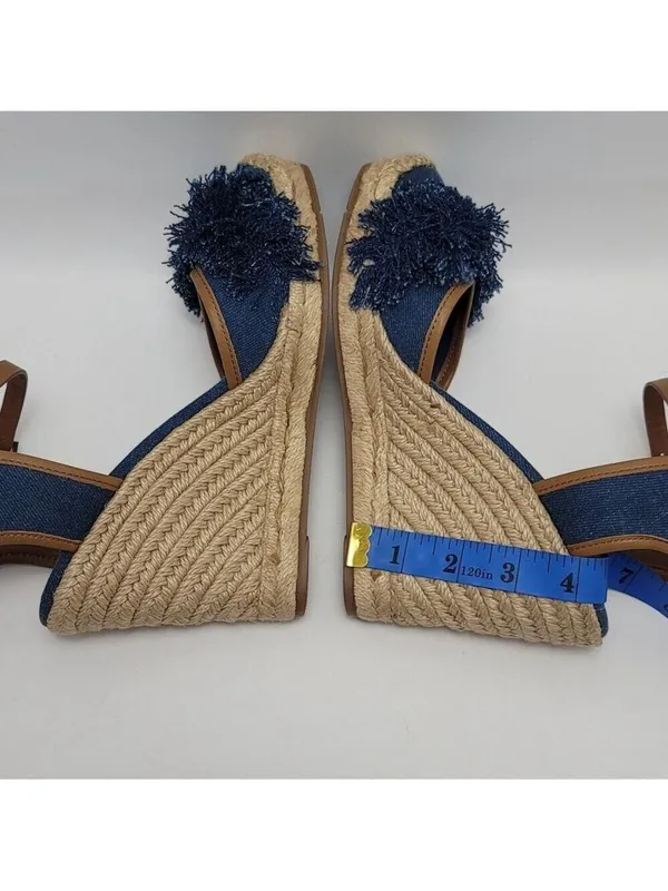 Tory Burch Wedge Espadrille Shaw Blue Denim Fringe Ankle Strap Sandals Size 8.5 - Image 10