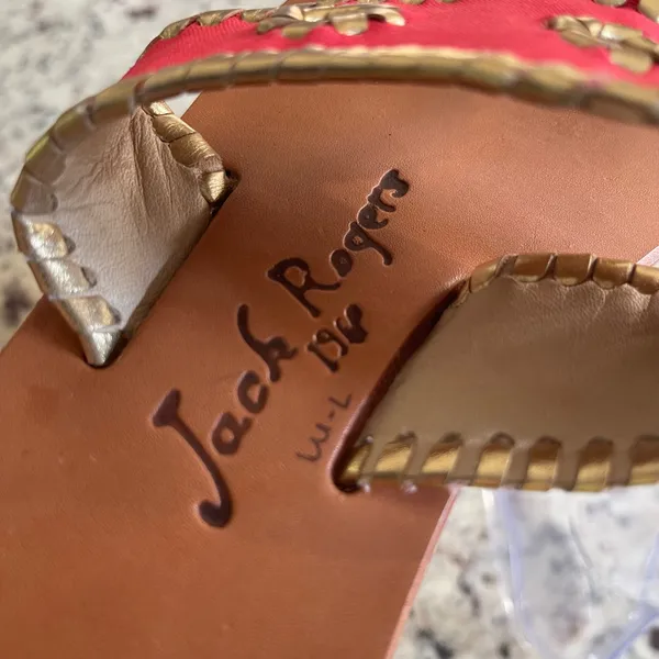 Jack Rogers Jacks Flat Sandal Large Pink Gold Preppy Coastal Rondelle Whipstitch - Image 5