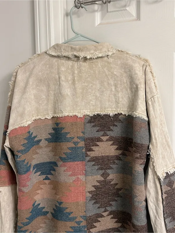 Southwestern Pattern Button-Up Shirt Jacket in Cream, Blue & Brown - Image 12