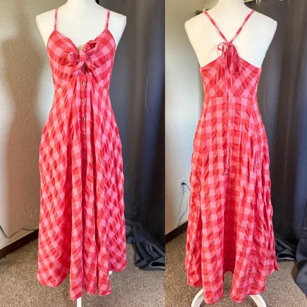 Free People Via Gingham Tie Front Midi Dress Womens Medium Pink Red - Image 11
