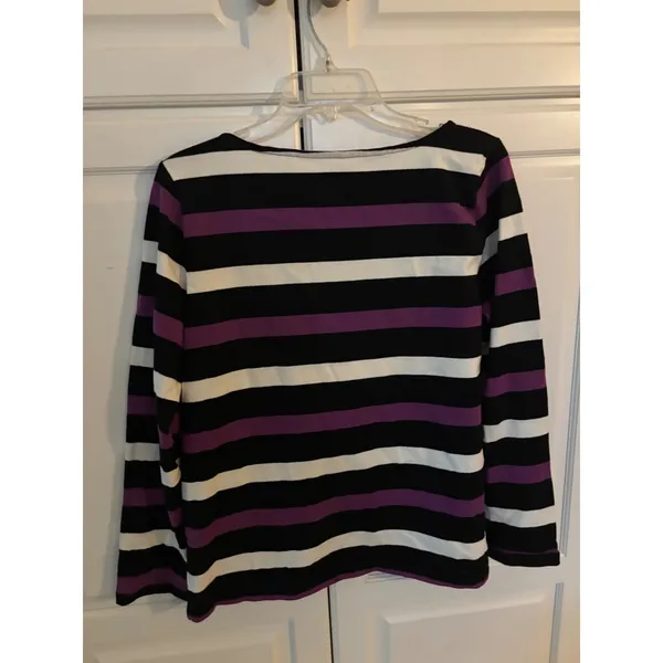 Talbots Womens Large Long Sleeve Cotton Striped Boat Neck Tee Black White Purple - Image 5