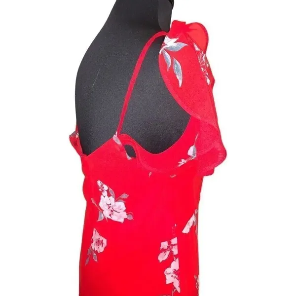 Speechless Red Floral A-Line V-Neck Short Sleeve Flutter Hem Midi Dress Size L - Image 4