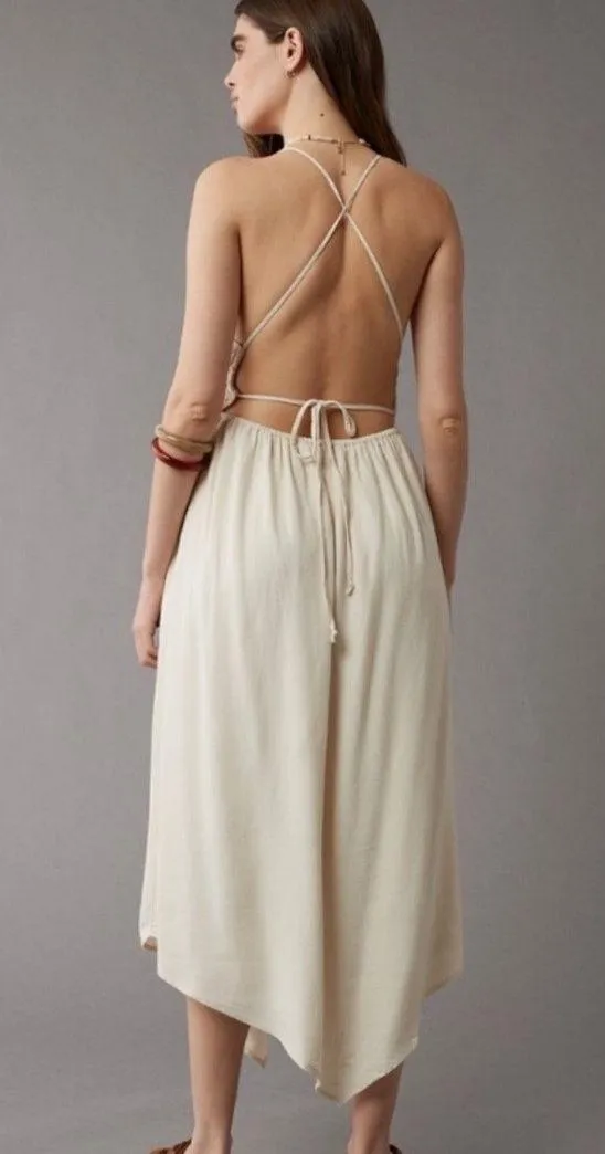 American Eagle Halter Open Back Handkerchief Hem Midi Dress Cream NWT - Image 2