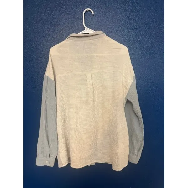 Wishlist Apparel Colorblock Gauze Button Down‎ Shirt Cream Blue Tan M/L Boho (B) - Image 2