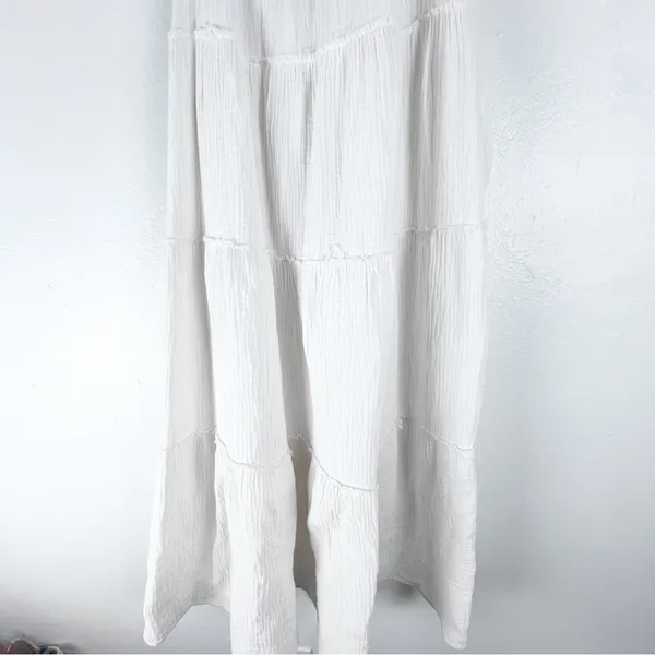 FREE THE ROSES 100% Cotton White Gauzy Tiered Lined Pockets Midi Dress Medium - Image 5