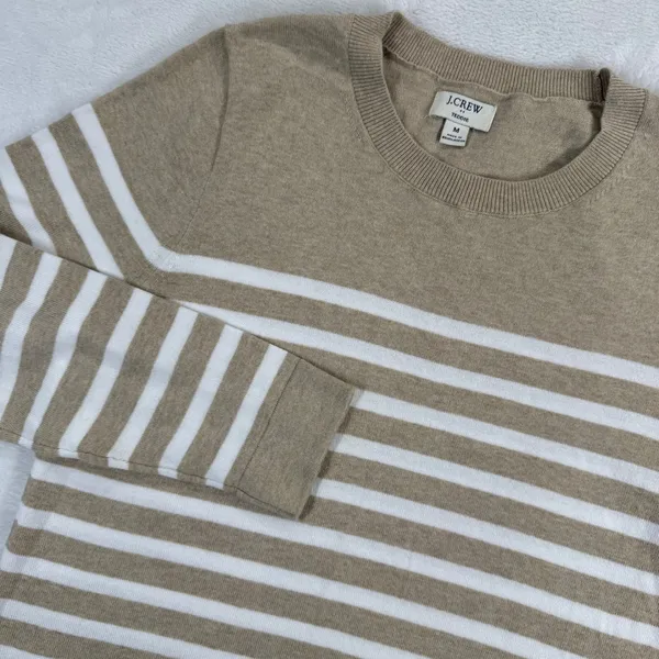 J.Crew Teddie‎ Sweater Womens Medium Tan White Striped Cotton Crewneck CG827 - Image 2