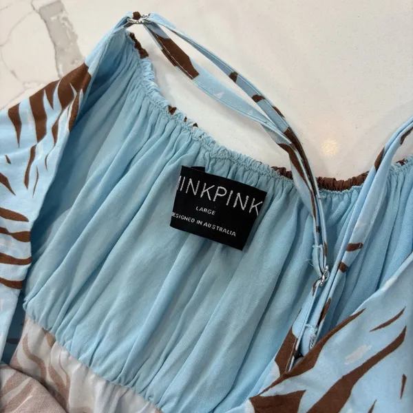 MINKPINK Dress Size Large Midi Tropical Spaghetti Strap Blue Brown - Image 3