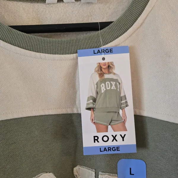 Roxy Game On Womens Large Pullover Olive Varsity Logo Colorblock Sweatshirt NWT - Image 3