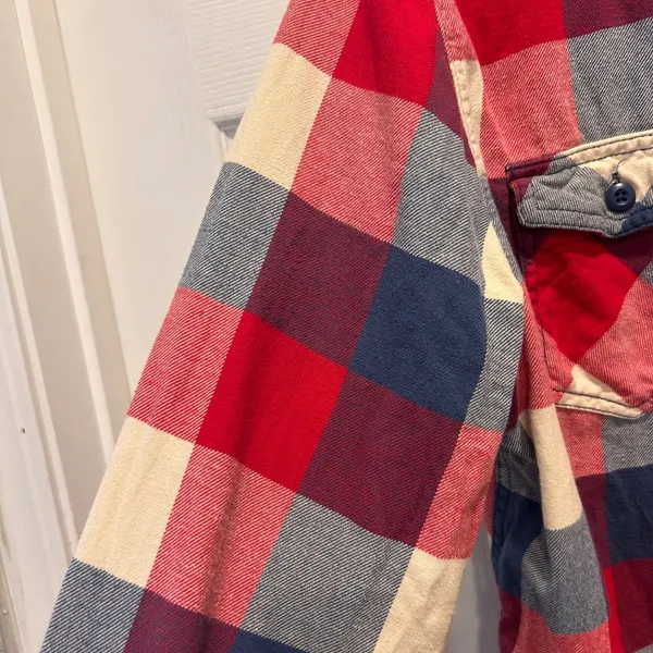 Vans Plaid Flannel Shirt Long Sleeve‎ Button Up Red Blue Cream Mens Large Y2K - Image 4