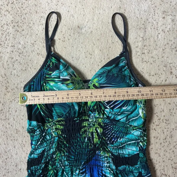 Lady Sun Tropical Leaf Print Maxi Dress Green Blue Smocked Waist‎ 3092 Size G - Image 3