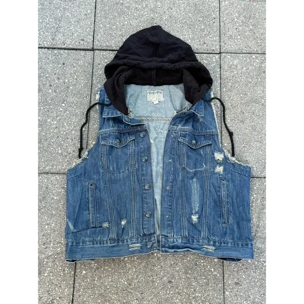 Others Follow Women Hooded Denim Vest Distressed Blue Jean Jacket Sleeveless XL - Image 2