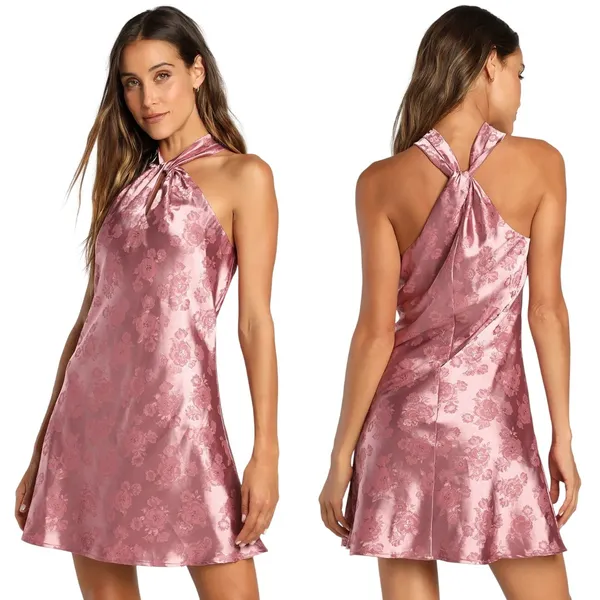 Lulus Got the Key Mauve Satin Floral Jacquard Halter Mini Dress CJD109045 S - Image 2