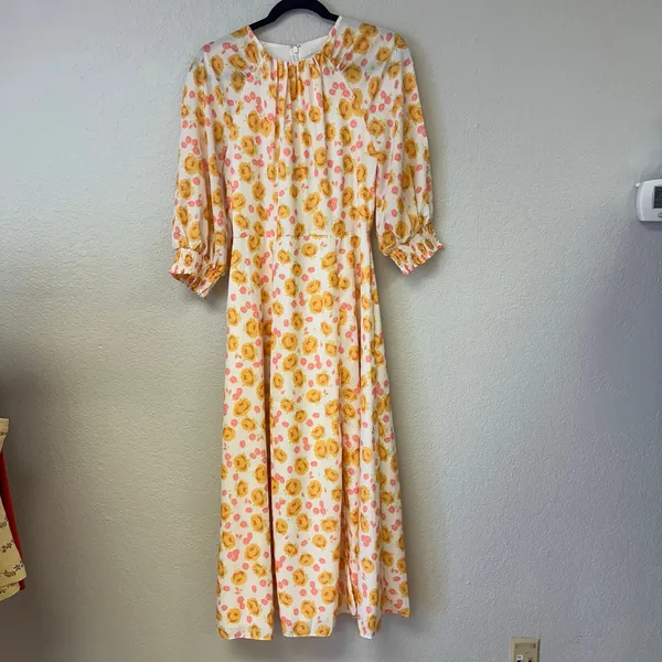 Keepsake Yellow Pink Floral Short Sleeve Midi Dress Size Medium - Image 2