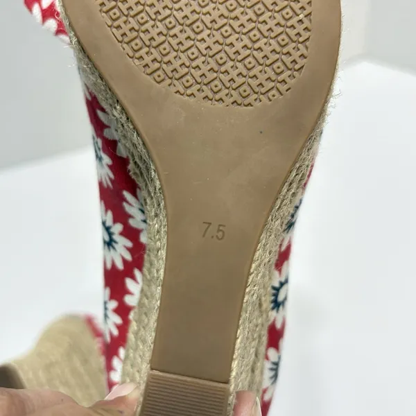 Tory Burch Dory Red Floral Canvas Peep Toe Wedge Espadrilles Size 7.5 Beachy - Image 13