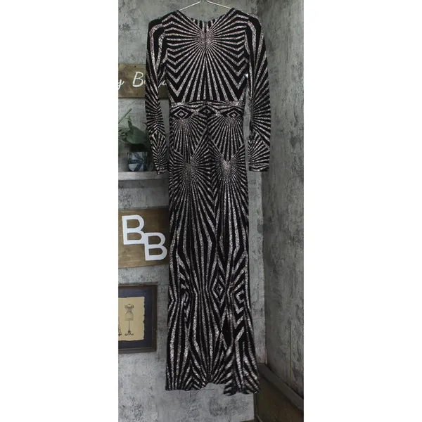 Betsy & Adam Womens Long Sleeve Glitter-Print Gown Black / Gold 4 - Image 2