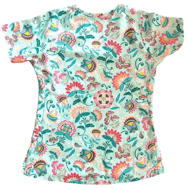 Vera Bradley Women's Scrub Top Laos Lily Blue Print V-Neck Floral‎ Size S - Image 4
