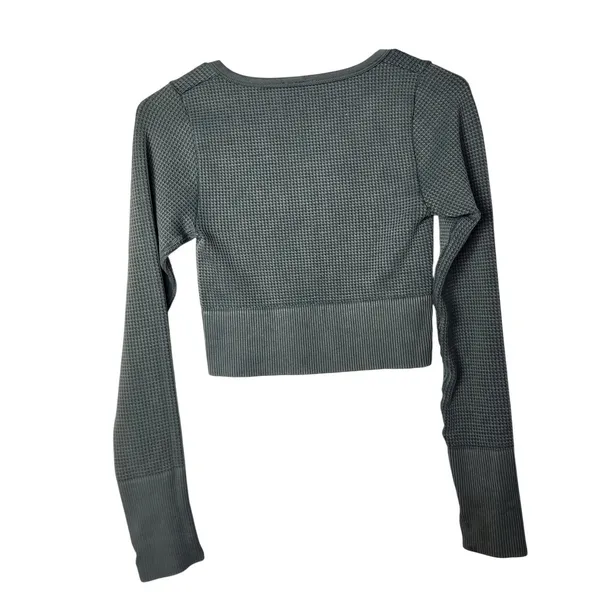 Offline By Aerie Sage Green Long Sleeve Henley Waffle Knit Crop Top Size XS - Image 2
