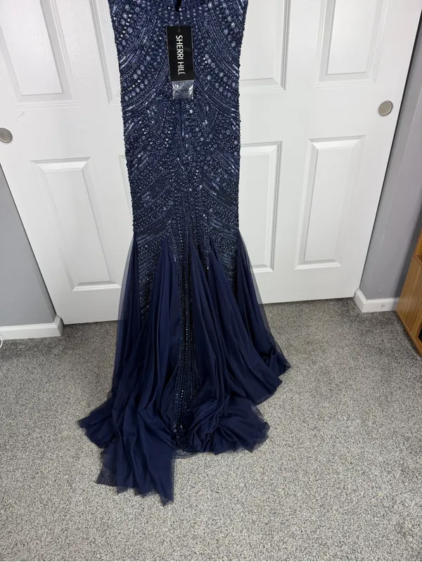 Sherri Hill 51426 Size 4 NWT Navy Beaded Mermaid Evening Gown Formal Prom Dress - Image 9