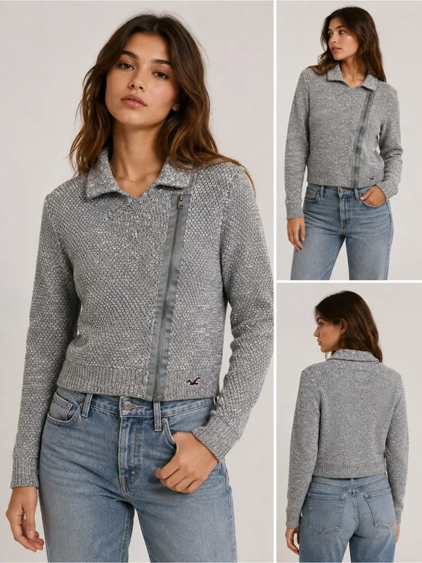 Hollister Women’s Small Gray Asymmetrical Zip Rabbit Hair Knit Cardigan Y2K - Image 2
