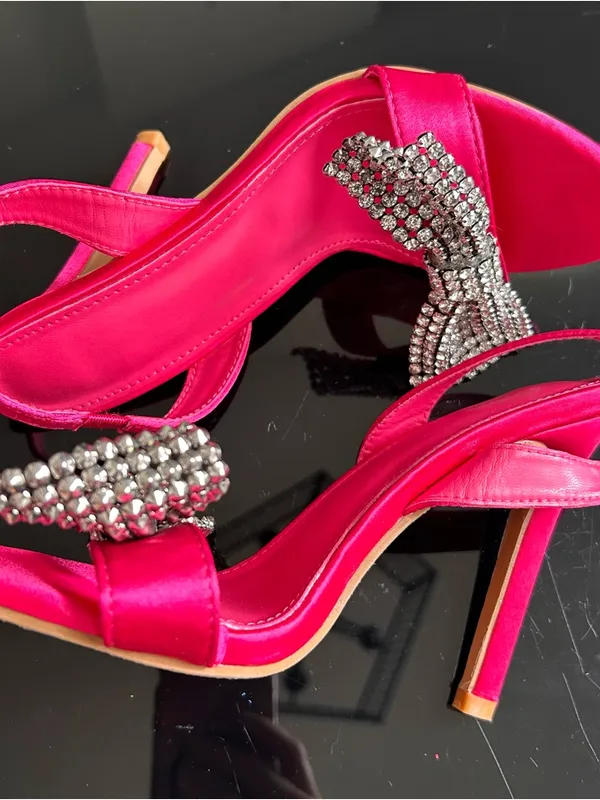 Women’s Hot Pink Satin Slingback Sandals with Crystal Bow - Image 3