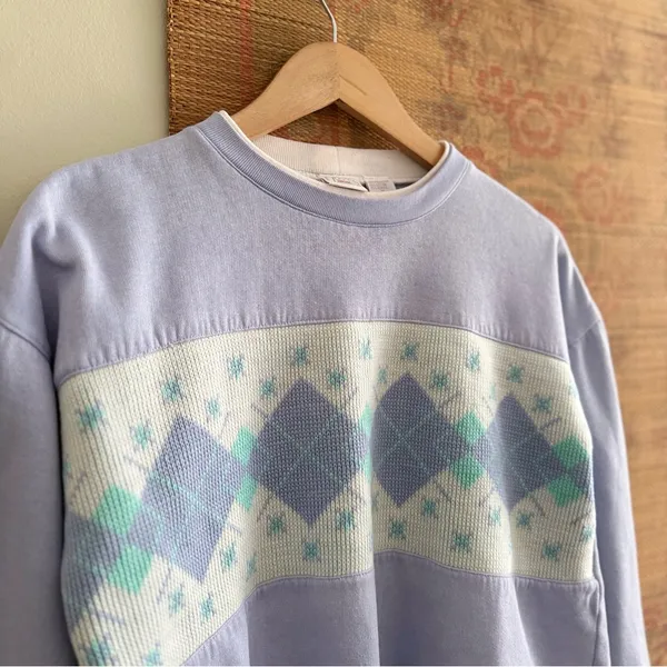 Hanes Vintage 80s Argyle Knit Detail Lavender Purple Sweatshirt - Image 2