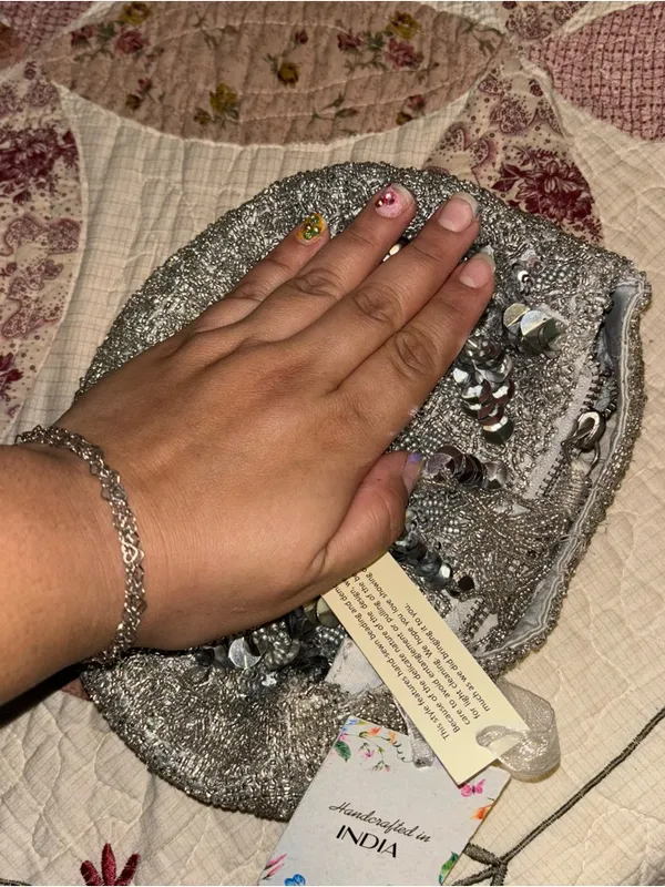 Silver India Sequin Beaded Evening Clutch Purse HaBag Handbag Party Wedding - Image 4